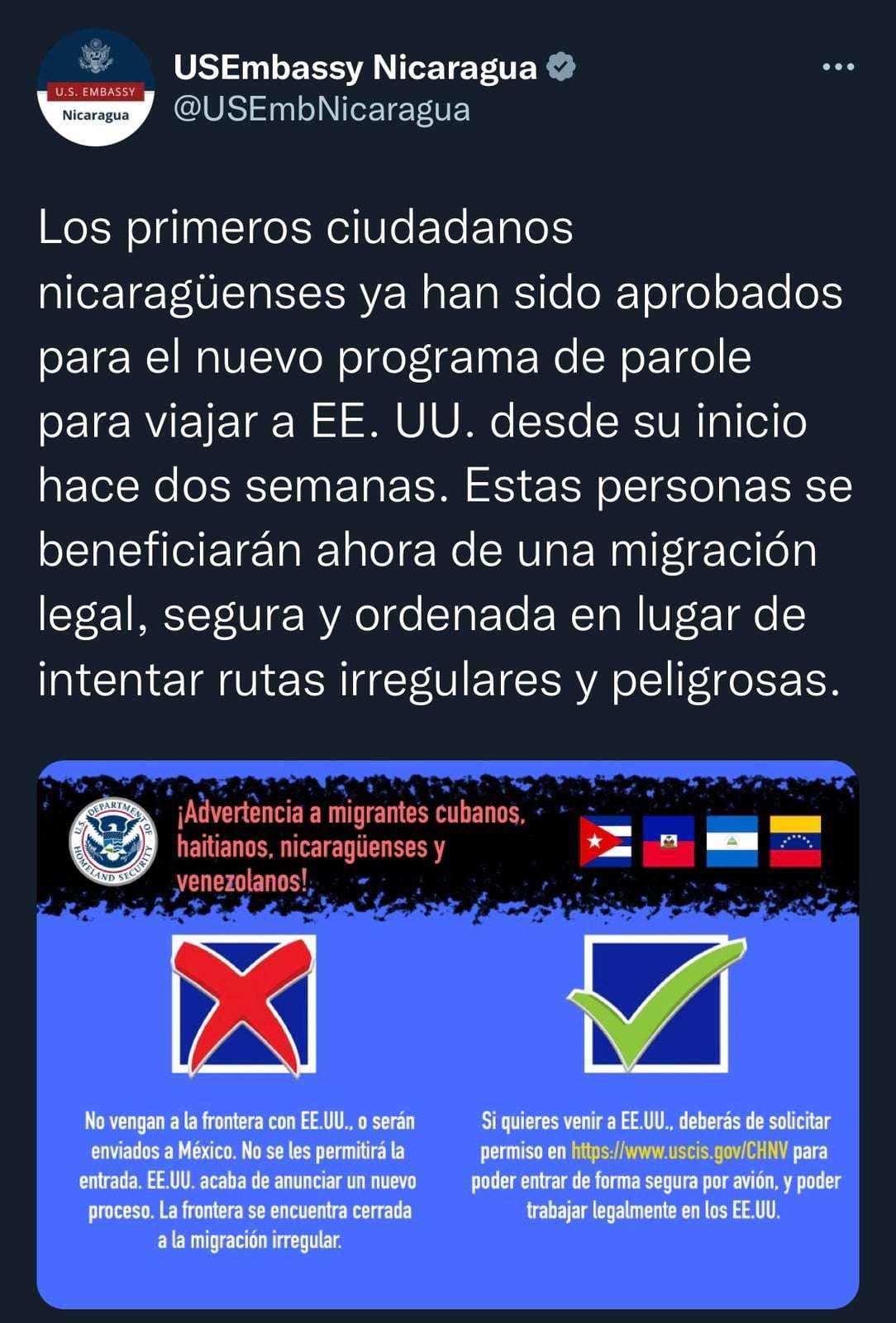 Aprueban primeros viajes bajo parole a ciudadanos de Nicaragua