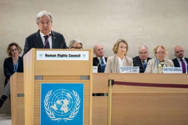 Secretario general de la ONU, Antonio Guterres, al hablar en la sesión de derechos humanos en Ginebra.