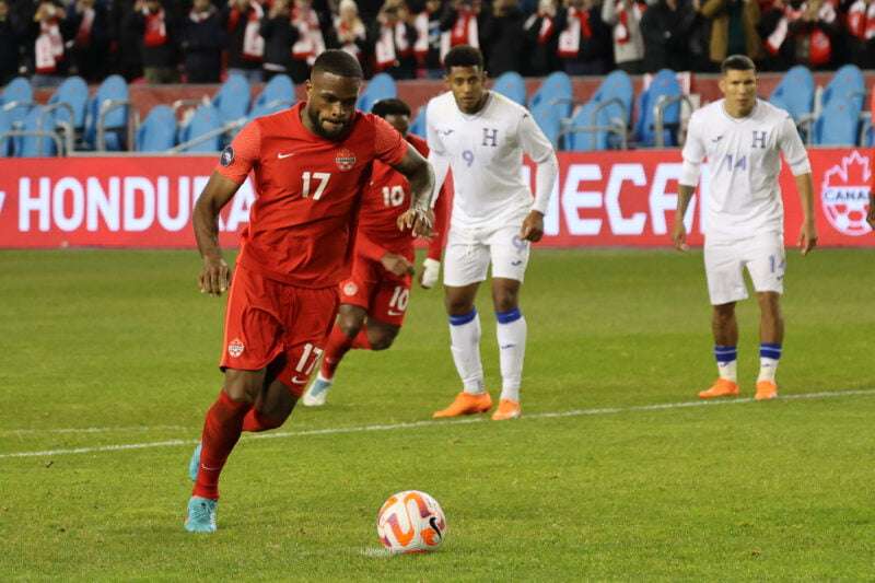 TORONTO, ONTARIO, CANADA. MARCH 28th: Cyle Larin #17 of Canada shooting during the League A - Group C match between Canada and Honduras in the 2022/23 Concacaf Nations League, held at the BMO Stadium, in Toronto, Ontario, Canada.
(PHOTO BY ANTONIO ZURITA/STRAFFON IMAGES/MANDATORY CREDIT/EDITORIAL USE/NOT FOR SALE/NOT ARCHIVE)