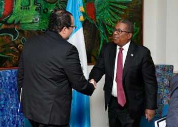 El Subsecretario de Estado de EEUU, Brian Nichols saluda al canciller guatemalteco, Mario Búcaro, este lunes en Guatemala.