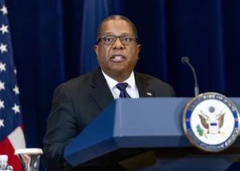 US Western Hemisphere Affairs Assistant Secretary Brian Nichols speaks during an event to thank and recognize members of the State Department workforce who helped bring 222 individuals who had been imprisoned by the Government of Nicaragua to the United States, in Washington, DC on March 31, 2023. (Photo by Andrew Harnik / POOL / AFP)