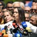 Venezuelan opposition leader, Maria Corina Machado, speaks during a press conference outside her party headquarters in Caracas on January 29, 2023. - Venezuela opposition leader Maria Corina Machado, who has been disqualified from running in this year's election, vowed Monday that President Nicolas Maduro would not get to choose his rival in the race. (Photo by Federico Parra / AFP)