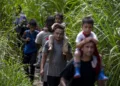 Un grupo de migrantes, con niños, caminan cerca de la aldea Bajo Chiquito en la Selva del Darién en Panamá./AFP